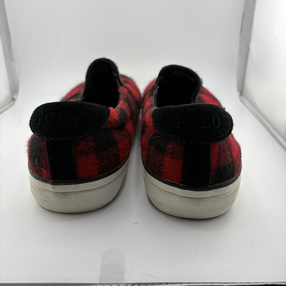 Polo Ralph Lauren Thompson Mens 12 Red Buffalo Check Plaid Slip On Sneakers